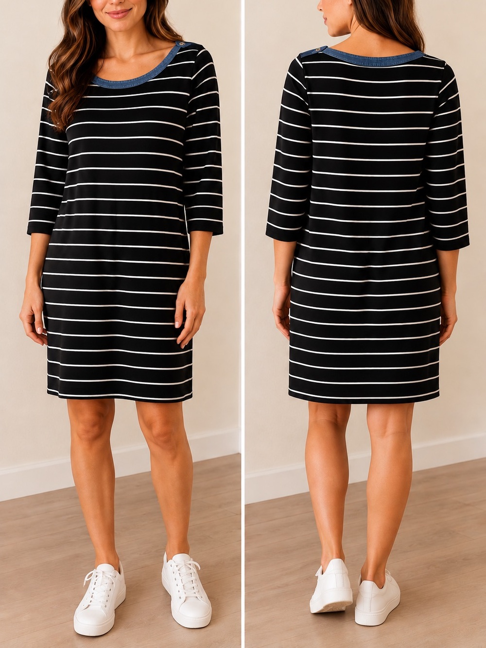 Tommy Hilfiger Black and White Striped Midi Dress with Chambray Trim